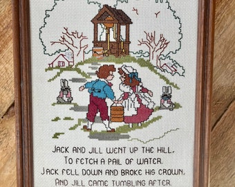 Vintage Jack and Jill Cross Stitch, Finished and Framed