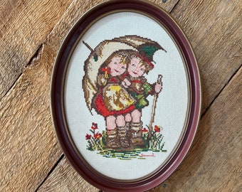 Vintage Oval Hummel Cross Stitch, Finished and Framed