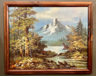 Vintage Mountain Landscape Oil Painting, Framed vintage oil painting, mountain gallery wall