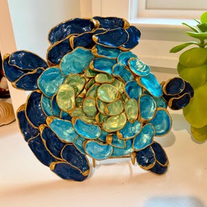 Oyster Shell Sea Turtle Sculpture, Blue Green Coastal Decor