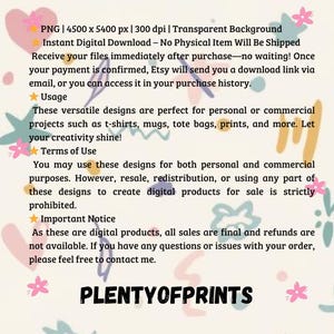 May include: A digital download product advertisement with the text "PLENTYOFPRINTS". The text describes the product as versatile designs for personal or commercial projects like t-shirts, mugs, and tote bags. It also includes terms of use and important notices about digital sales.