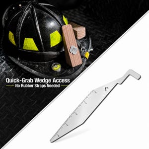 May include: A silver-colored metal tool with a pointed end, a ruler marked in inches from 0 to 4, and a hooked handle. The tool is displayed alongside a black firefighter helmet with yellow reflective patches and a wooden wedge accessory.