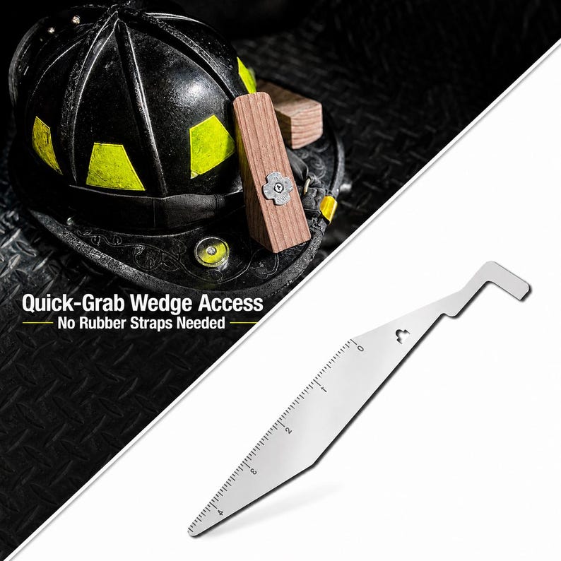 May include: A silver-colored metal tool with a pointed end, a ruler marked in inches from 0 to 4, and a hooked handle. The tool is displayed alongside a black firefighter helmet with yellow reflective patches and a wooden wedge accessory.