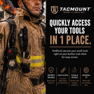 Könnte beinhalten: Eine beigefarbene Einsatzjacke mit gelben Reflexstreifen und einem schwarzen TacMount-Werkzeugbefestigungssystem auf der Brust. Der Text lautet: TACMOUNT MOUNT IT. MOVE OUT. QUICKLY ACCESS YOUR TOOLS IN 1 PLACE. SECURE & RELIABLE, QUICK ACCESS, TOUGH & RUGGED, UNIVERSAL FIT.