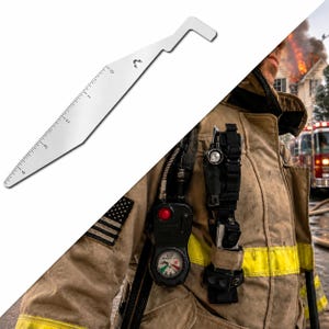 May include: A silver-colored metal tool featuring a hook at one end and a straight edge with markings from 0 to 4 inches. The tool is displayed alongside a firefighter wearing a tan turnout coat with yellow reflective stripes and gear.