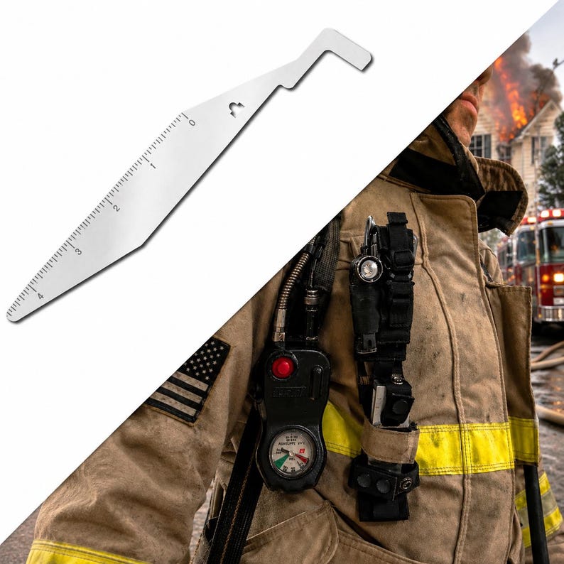 May include: A silver-colored metal tool featuring a hook at one end and a straight edge with markings from 0 to 4 inches. The tool is displayed alongside a firefighter wearing a tan turnout coat with yellow reflective stripes and gear.