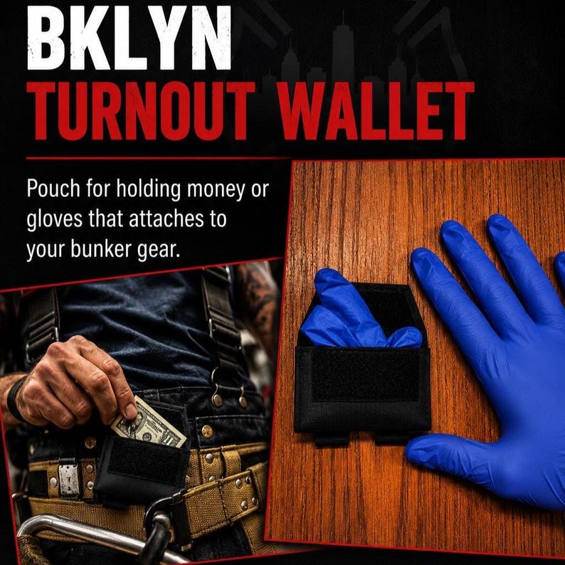 May include: A black BKLYN Turnout Wallet featuring a hook-and-loop closure, designed as a pouch for money or gloves. The wallet is shown attached to bunker gear and also displayed separately with a blue nitrile glove for scale.
