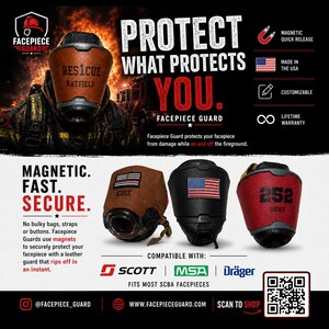 May include: A Facepiece Guard protective cover for SCBA masks, shown in brown, black, and red leather options with magnetic attachments. The image features text including PROTECT WHAT PROTECTS YOU, MAGNETIC. FAST. SECURE., and brand compatibility logos.
