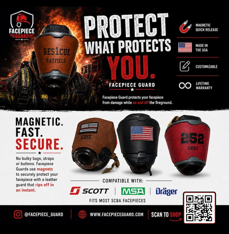 May include: A Facepiece Guard protective cover for SCBA masks, shown in brown, black, and red leather options with magnetic attachments. The image features text including PROTECT WHAT PROTECTS YOU, MAGNETIC. FAST. SECURE., and brand compatibility logos.