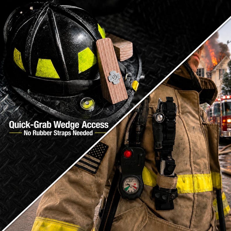 May include: A black firefighter helmet with yellow reflective accents and a wooden door wedge attached, featuring the text Quick-Grab Wedge Access No Rubber Straps Needed. A tan firefighter turnout coat with a radio and gauge is also visible.