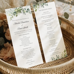 Plantilla de programa de boda con vegetación, Orden de servicio, Programa de boda con eucalipto, Plantilla de ceremonia de boda, Doble cara, WP4
