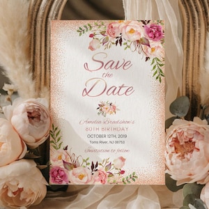 80th Birthday Save the Date Invitation – Rose Gold Floral Watercolor Digital Template, Editable Birthday Announcement Card, Canva, SVD-I3