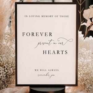 May include: A rectangular sign in a black frame with white background and black text that reads: IN LOVING MEMORY OF THOSE FOREVER present in our HEARTS WE WILL ALWAYS remember you. The sign is positioned on a black circular base.