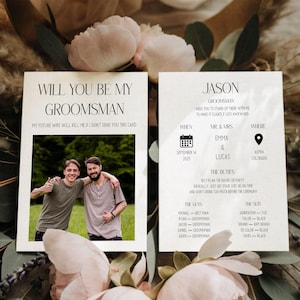 写真付き花婿介添人プロポーズカード、ベストマンになってください招待状、シンプルなウェディングパーティー、デジタルダウンロード、編集可能なCanvaテンプレート、WY-G2
