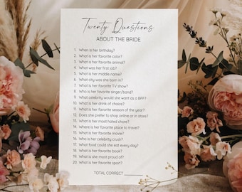 Twenty Questions About the Bride, Minimalist Bridal Shower Game, 20 Questions about the Bride, Instant Download, Canva Editable, G15