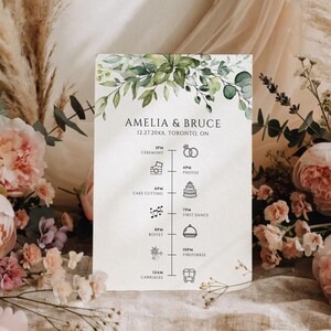 グリーンリーウェディングプログラムテンプレート、式次第、ユーカリウェディングプログラム、結婚式テンプレート、Canva、即時ダウンロード、WP-8