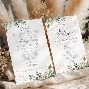 Modelo de programa de casamento com tema de folhagem, ordem de serviço, programa de casamento com eucalipto, modelo de cerimônia de casamento, frente e verso, WP-3