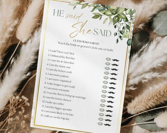 He Said She Said Who Said It Bridal Shower Printable Game . Bride Groom . Greenery and Gold . Hens Bachelorette Party . Instant Download ,G5