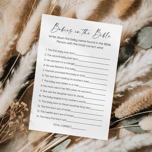 May include: A white paper game sheet titled "Babies in the Bible" with fill-in-the-blank questions. The sheet is surrounded by dried beige and green decorative plants. The game is designed for a person to write down the baby name found in the Bible.