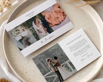 May include: Two wedding thank you cards with photographs of the couple and floral arrangements. The cards are on a speckled ceramic plate with dried flowers and wheat stalks. The text on the cards reads "Thank You" and "The [Last Name]" and a message.