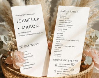 Minimalist Wedding Program Template, Order of Service, Modern Wedding Program, Wedding Ceremony Template, Double-Sided, WP5