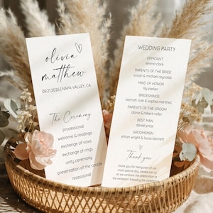 Plantilla de programa de boda minimalista, Orden de servicio, Programa de boda moderno, Plantilla de ceremonia de boda, Doble cara, WP7