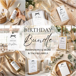 Op de afbeelding: Een verzameling verjaardagsfeestartikelen, waaronder uitnodigingen, borden en labels. De items hebben een zwart strikdesign en een elegant lettertype. De afbeelding bevat een wijnfles, uitnodigingskaarten en een bord met de tekst "Cards and Gifts".