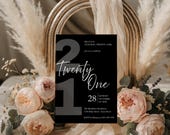 Black Modern Birthday Invitation, Editable 21st Birthday Party Invite, Minimalist Milestone Birthday Template, Instant Download, BA-1