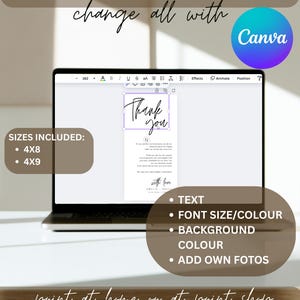 May include: A laptop displays a "Thank You" card design, editable in Canva. The image includes text: "SIMPLE. QUICK. EASY change all with Canva" and "INSTANT DOWNLOAD". Sizes included are 4x8 and 4x9 inches. Features include text, font size/color, background color, and adding photos.