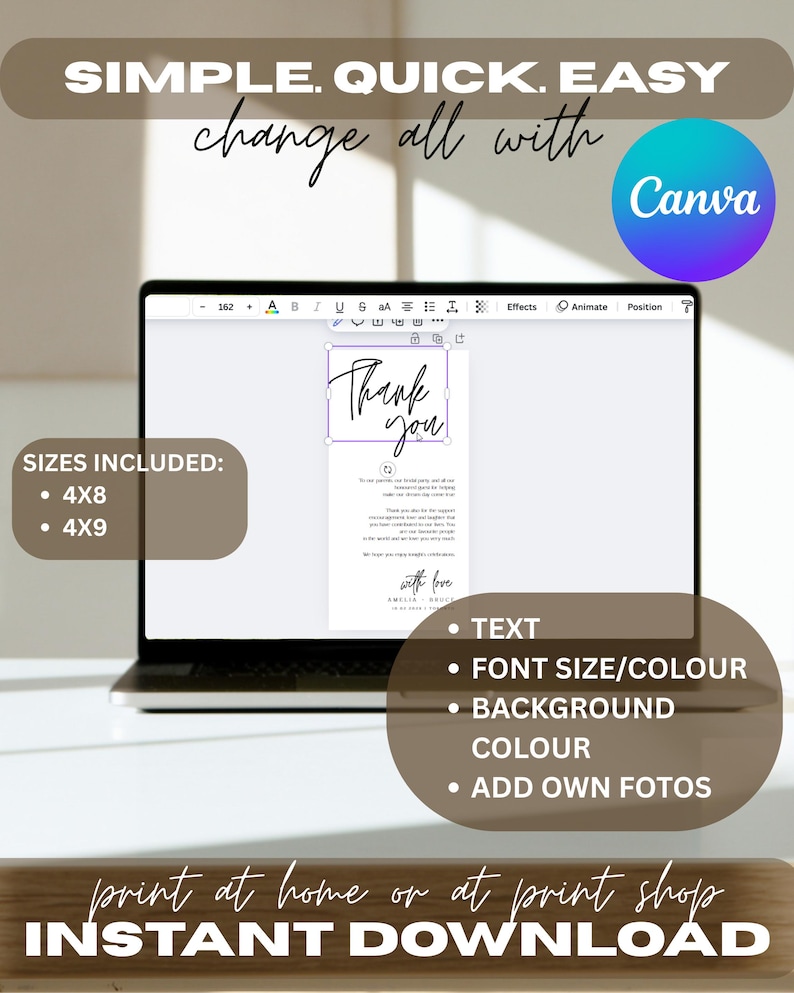 May include: A laptop displays a "Thank You" card design, editable in Canva. The image includes text: "SIMPLE. QUICK. EASY change all with Canva" and "INSTANT DOWNLOAD". Sizes included are 4x8 and 4x9 inches. Features include text, font size/color, background color, and adding photos.
