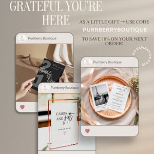 May include: An advertisement for Purrberry Boutique featuring three mock social media posts. The posts showcase wedding invitations, a sign for cards and gifts, and a black and white card. Text includes "We're so grateful you're here" and a discount code.