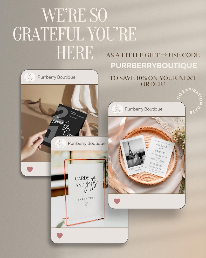 May include: An advertisement for Purrberry Boutique featuring three mock social media posts. The posts showcase wedding invitations, a sign for cards and gifts, and a black and white card. Text includes "We're so grateful you're here" and a discount code.