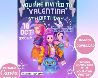 Editable KPop Demon Hunters Birthday Party Invitation, Canva Template, Huntrix Invitation, Digital Party Invite, Digital Download, Anime