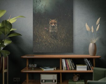 May include: A framed canvas print featuring a fox in a field of tall grass. The fox has reddish-brown fur and is looking directly at the viewer. The background is dark and moody, with a hint of fog or mist. The print is displayed above a wooden shelf.