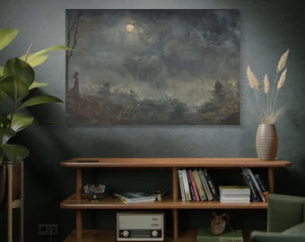 May include: A framed landscape painting depicts a moonlit night scene with a figure on a hill. The artwork features a dark, moody color palette with shades of gray, brown, and hints of yellow. The painting is displayed above a wooden shelf with books and decorative items.
