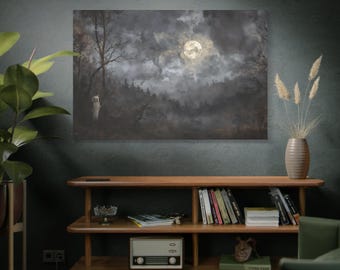 May include: A canvas print depicting a moonlit forest scene with a figure in white. The artwork features a full moon, dark clouds, and silhouetted trees. The print is displayed above a wooden shelf with books and decorative items.