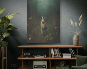 Rabbit in Enchanted Meadow Canvas Print: Mystical Woodland Wall Art