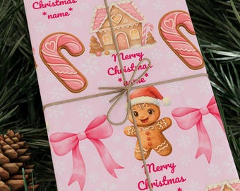 Personalized Pink Christmas Wrapping Paper | Gingerbread Girl & Candy Cane