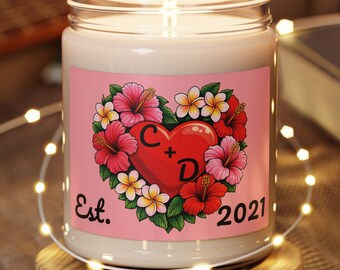 Personalized Soy Candle | Tropical Floral Heart, Custom Initials
