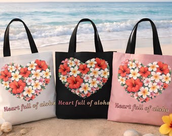 Heart Full of Aloha Tote Bag | Hawaiian Floral Hibiscus Plumeria Bag | Tropical Beach Tote | Hawaii Lover Gift| Summer Vacation Shopping Bag