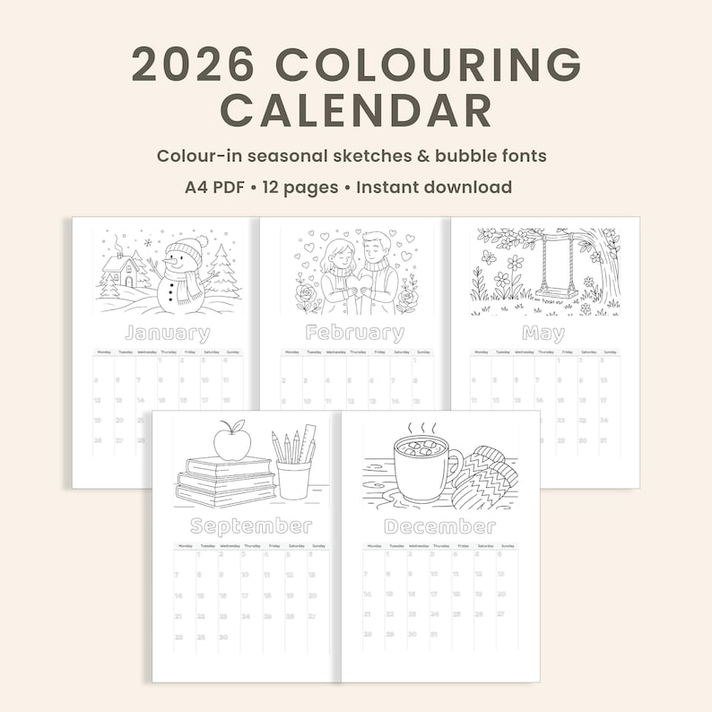 2026 Printable Colouring Calendar – 12-month Digital Download, 3:2 Art