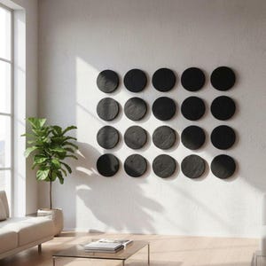 Puede incluir: Una instalación de arte mural que consta de veinte discos circulares negros individuales dispuestos en una cuadrícula de cuatro filas y cinco columnas. Cada disco presenta una superficie texturizada y está montado directamente sobre una pared blanca.