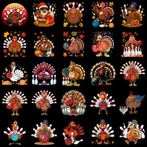 May include: A collection of colorful turkey illustrations with bowling themes. Each turkey is depicted in various poses, holding bowling balls, and surrounded by bowling pins. Some turkeys wear hats and accessories.