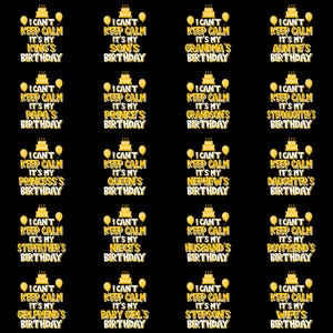 May include: A collection of birthday-themed designs on a black background. Each design features the phrase "I can't keep calm" followed by a birthday-related title, a cake, and balloons. The text is in a yellow color.