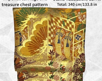 Vintage Japanese Maru Obi, Gold Silk Kimono Textile, Showa Era Wall Tapestry, Woven Decor