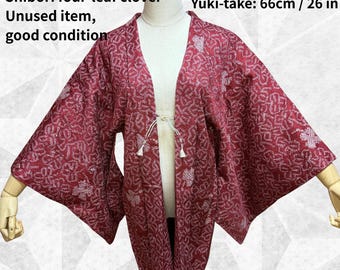 Vintage Silk Haori: Red Shibori Tie Dye Kimono Jacket, Four Leaf Clover
