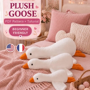 Patrón de ganso de peluche en PDF, tutorial de costura para animales de peluche, proyecto fácil para principiantes, 3 tamaños.