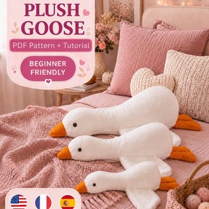 May include: Three white plush goose toys of varying sizes with orange beaks and feet, black eyes, and soft textured fabric. A pink graphic overlay displays the text 3 SIZES PLUSH GOOSE, PDF Pattern + Tutorial, and BEGINNER FRIENDLY.