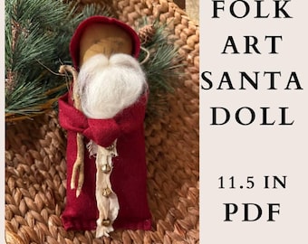 Primitive Santa Pattern PDF + Tutorial – Christmas Folk Art Doll Sewing – Rustic Holiday Decor DIY