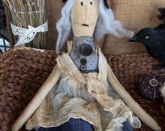 Muñeca Bruja Primitiva MORWEN: Muñeca de Arte Popular Hecha a Mano, con Aroma a Café y Canela, Decoración Rústica de Halloween, Objeto de Colección para Estantería